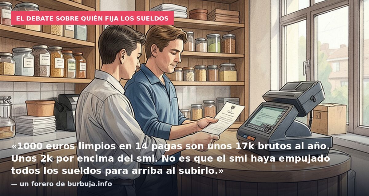 El debate sobre quién fija los sueldos: «1000 euros limpios en 14 pagas son unos 17k brutos al año. Unos 2k por encima del smi. No es que el smi haya empujado todos los sueldos para arriba al subirlo.» — un forero de burbuja.info