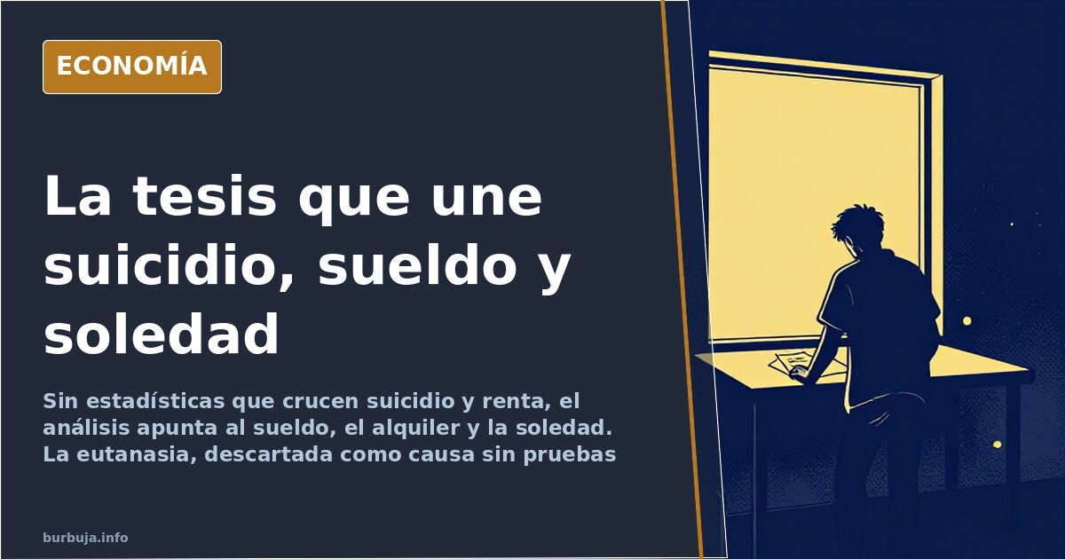 Ilustración editorial en azul marino y dorado: un hombre solo ante una nómina y un recibo de alquiler como metáfora del suici