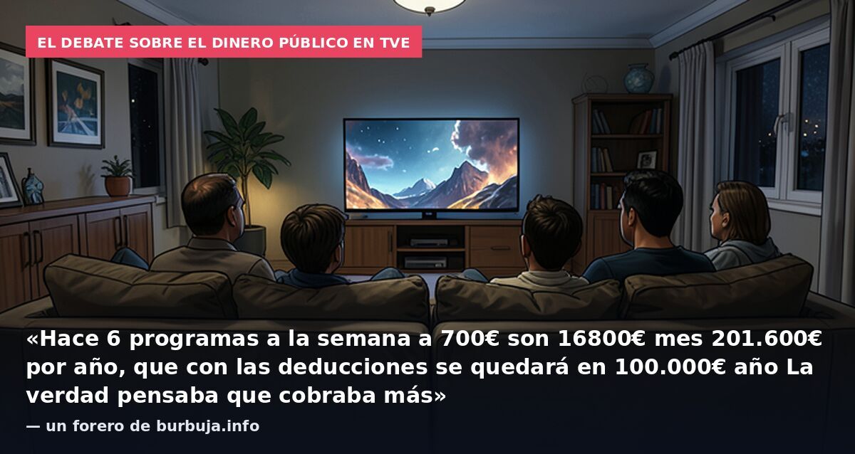 El debate sobre el dinero público en TVE: «Hace 6 programas a la semana a 700€ son 16800€ mes 201.600€ por año, que con las deducciones se quedará en 100.000€ año La verdad pensaba que cobraba más» — un forero de burbuja.info