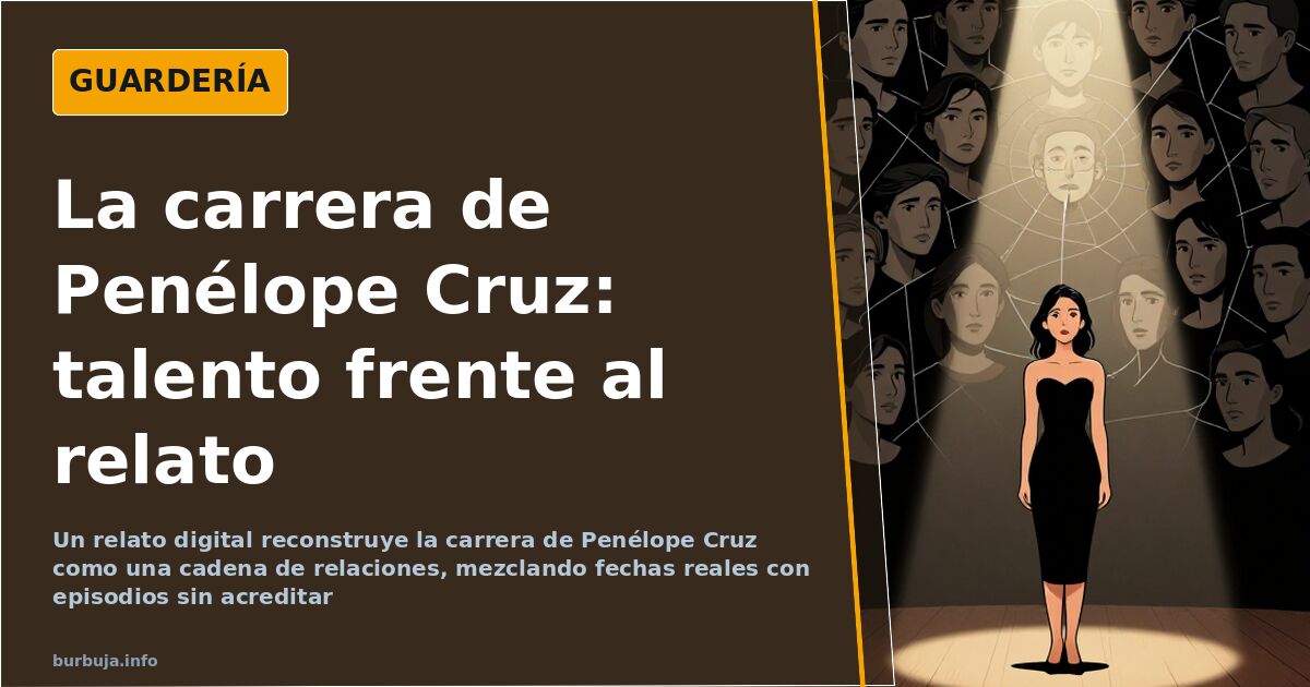 Ilustración de una actriz española ante una alfombra roja y una línea temporal de películas de Penélope Cruz