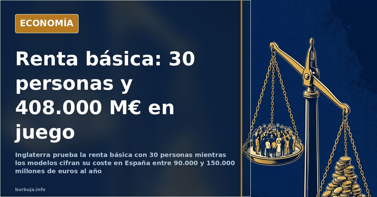 Ilustración editorial sobre la renta básica con una balanza que pesa un grupo reducido de figuras frente a una pila de moneda