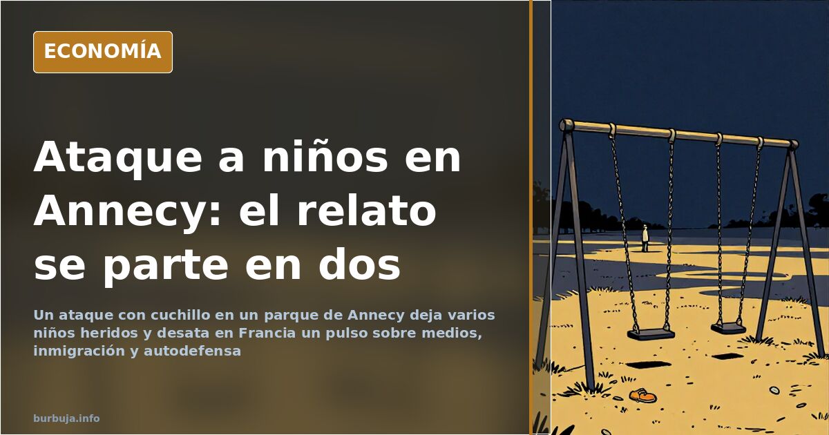 Ilustración editorial de un parque urbano francés tras el ataque con cuchillo de Annecy, con figuras al fondo y presencia pol