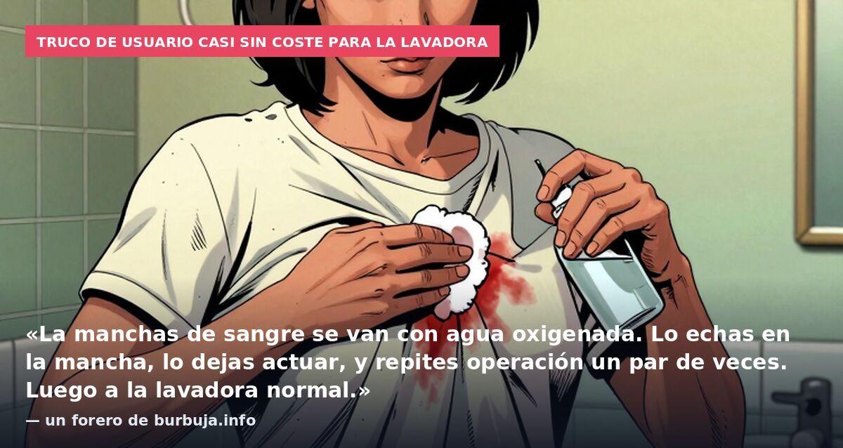 Truco de usuario casi sin coste para la lavadora: «La manchas de sangre se van con agua oxigenada. Lo echas en la mancha, lo dejas actuar, y repites operación un par de veces. Luego a la lavadora normal.» — un forero de burbuja.info