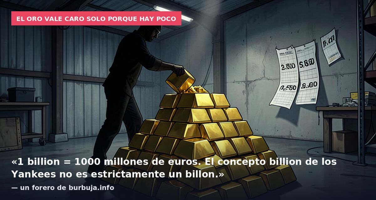 El oro vale caro solo porque hay poco: «1 billion = 1000 millones de euros. El concepto billion de los Yankees no es estrictamente un billon.» — un forero de burbuja.info