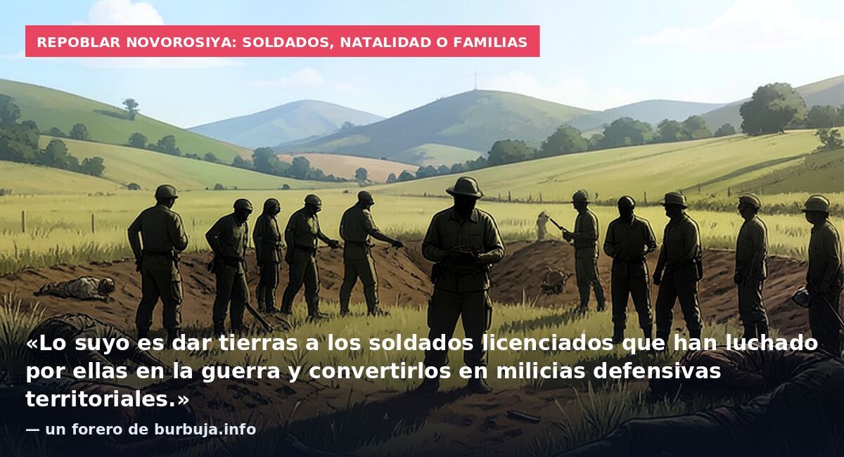Repoblar Novorosiya: soldados, natalidad o familias: «Lo suyo es dar tierras a los soldados licenciados que han luchado por ellas en la guerra y convertirlos en milicias defensivas territoriales.» — un forero de burbuja.info