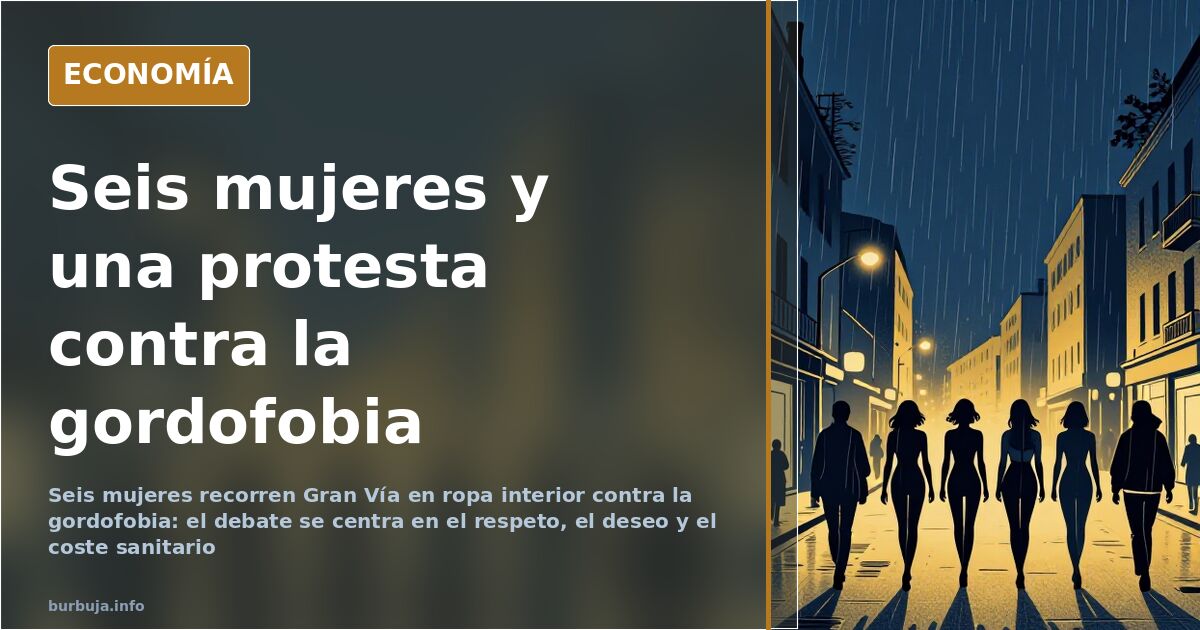 Ilustración editorial de una avenida con seis mujeres en ropa interior caminando ante viandantes indiferentes bajo la lluvia