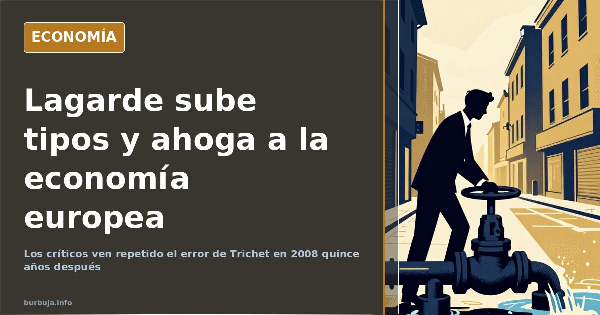 Ilustración editorial de una torre del Banco Central Europeo inclinada sobre un gráfico de tipos de interés en descenso