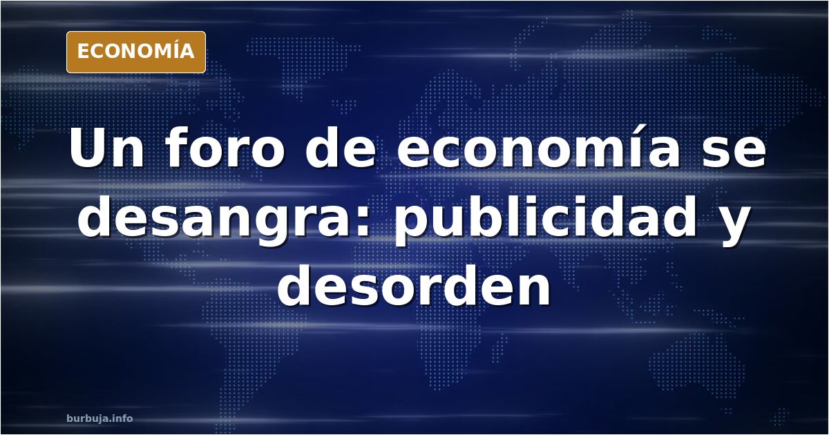 Ilustración editorial de un foro de economía sumido en el caos digital, con pantallas superpuestas y símbolos de discusión