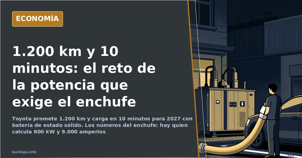 Ilustración editorial de un coche eléctrico conectado a un punto de recarga con un cable desproporcionado y cálculos de poten
