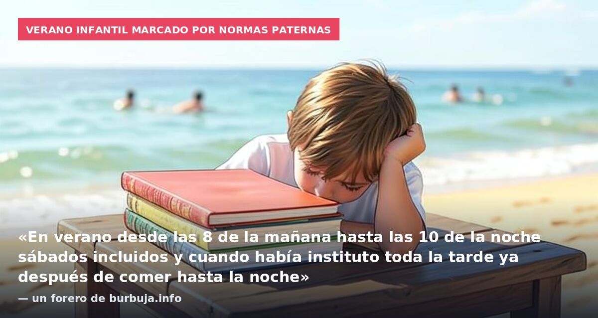 Verano infantil marcado por normas paternas: «En verano desde las 8 de la mañana hasta las 10 de la noche sábados incluidos y cuando había instituto toda la tarde ya después de comer hasta la noche» — un forero de burbuja.info