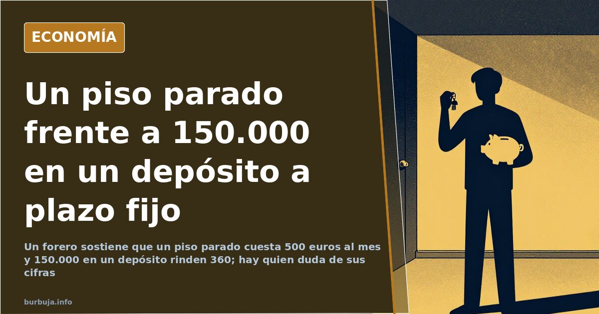 Ilustración editorial sobre inversión en vivienda: bloque de pisos frente a una libreta de depósito con monedas apiladas