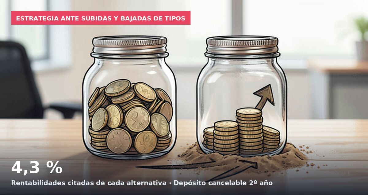 Estrategia ante subidas y bajadas de tipos: 4,3 % Rentabilidades citadas de cada alternativa · Depósito cancelable 2º año