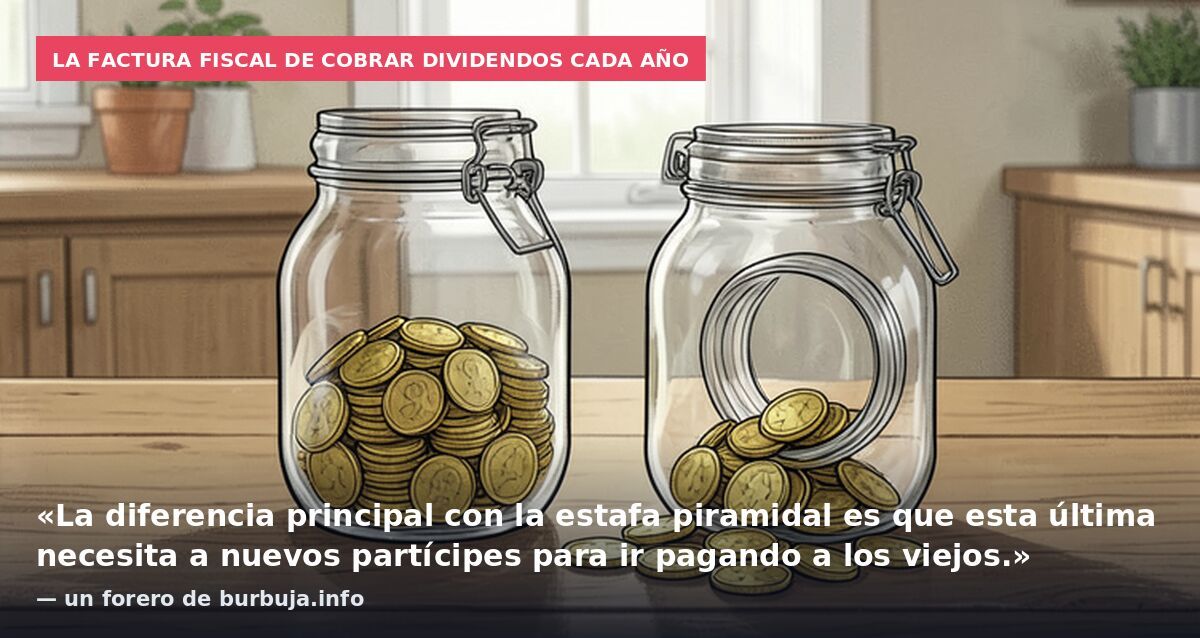 La factura fiscal de cobrar dividendos cada año: «La diferencia principal con la estafa piramidal es que esta última necesita a nuevos partícipes para ir pagando a los viejos.» — un forero de burbuja.info