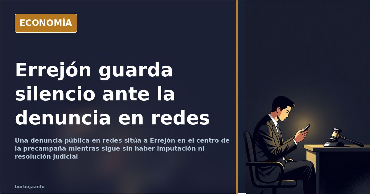 Ilustración editorial de un atril vacío bajo focos en un acto de campaña, símbolo del silencio ante la denuncia contra Errejó