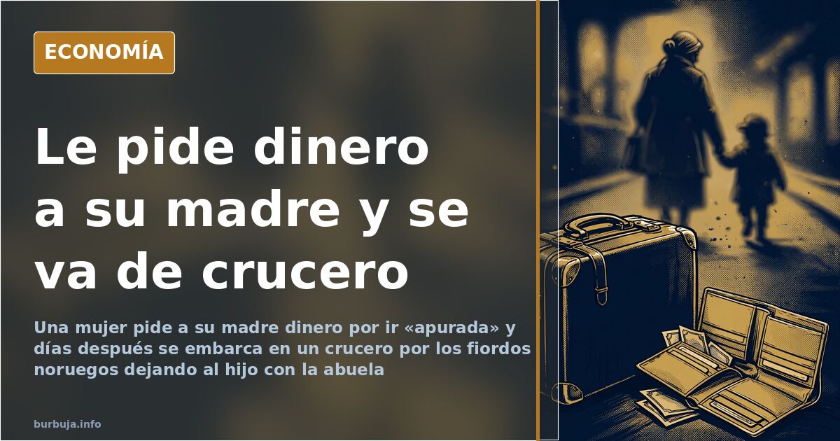 Ilustración editorial de una mujer con maleta subiendo a un crucero mientras una abuela cuida a un niño y sostiene una carter
