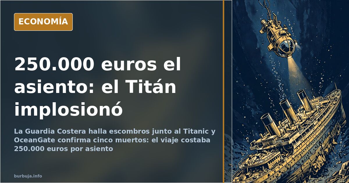Ilustración editorial de un sumergible cilíndrico descendiendo hacia el pecio del Titanic en aguas abisales
