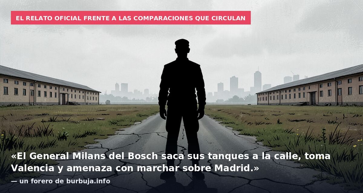 El relato oficial frente a las comparaciones que circulan: «El General Milans del Bosch saca sus tanques a la calle, toma Valencia y amenaza con marchar sobre Madrid.» — un forero de burbuja.info