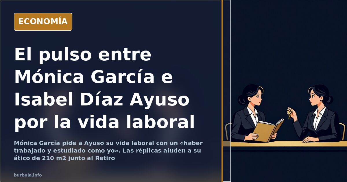 Ilustración editorial de dos edificios de Madrid frente a frente con una silueta femenina y un gráfico de precios de vivienda