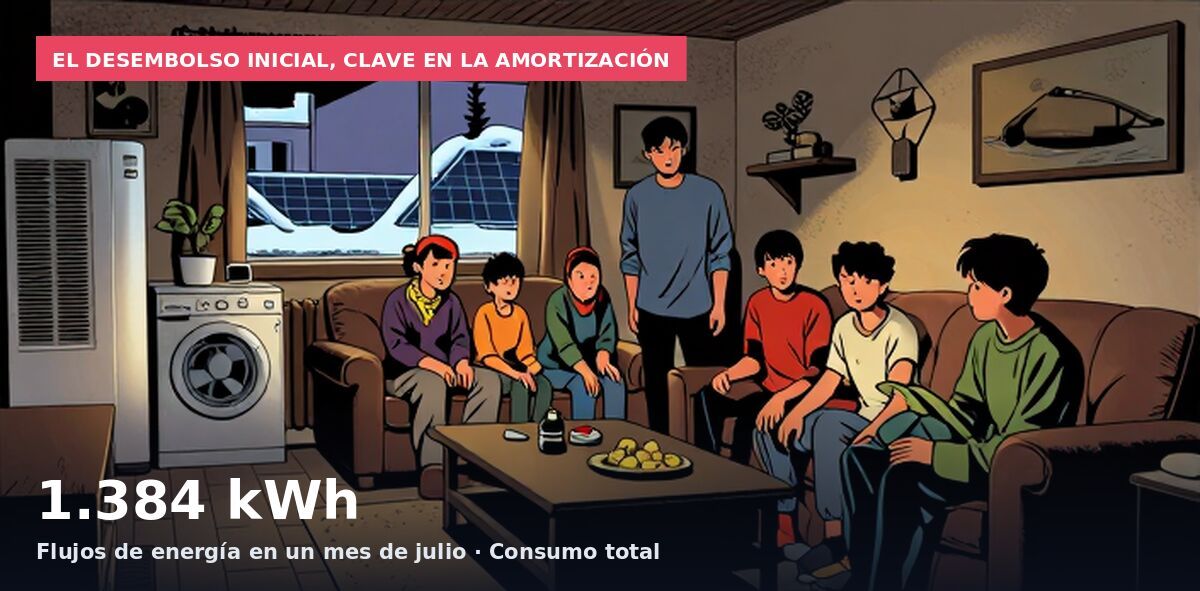 El desembolso inicial, clave en la amortización: 1.384 kWh Flujos de energía en un mes de julio · Consumo total
