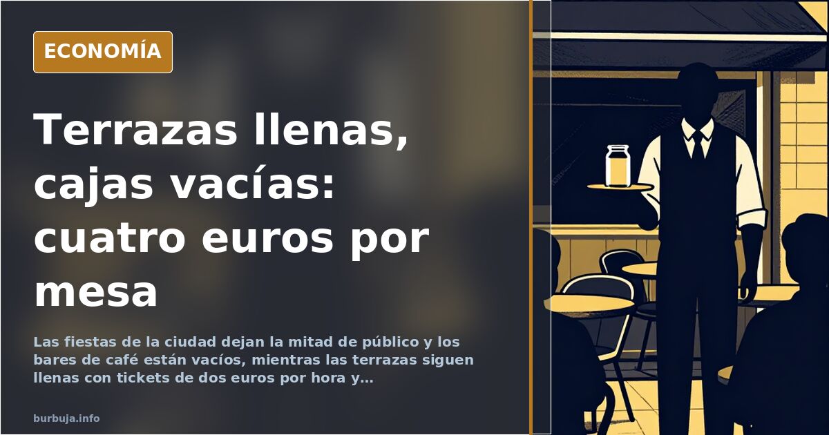 Bar vacío con taburetes libres junto a una terraza llena de cafés con leche a media mañana en una calle española