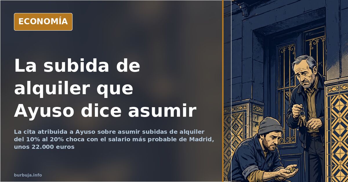 Fachadas de viviendas en una calle de Madrid con un cartel de alquiler colgado en un balcón