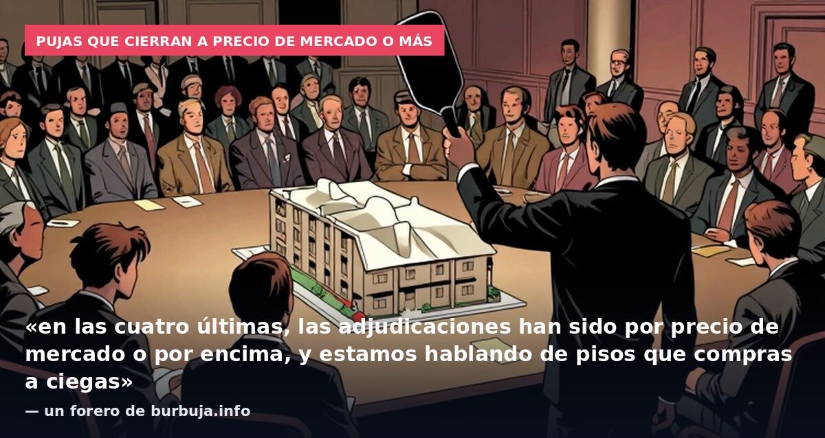 Pujas que cierran a precio de mercado o más: «en las cuatro últimas, las adjudicaciones han sido por precio de mercado o por encima, y estamos hablando de pisos que compras a ciegas» — un forero de burbuja.info