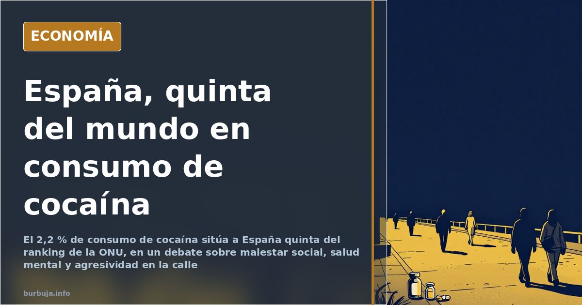 Ilustración editorial de una calle española con viandantes cabizbajos y botes de pastillas en primer plano bajo un cielo azul