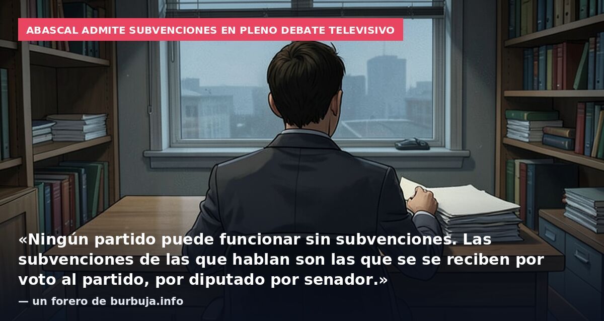 Abascal admite subvenciones en pleno debate televisivo: «Ningún partido puede funcionar sin subvenciones. Las subvenciones de las que hablan son las que se se reciben por voto al partido, por diputado por senador.» — un forero de burbuja.info