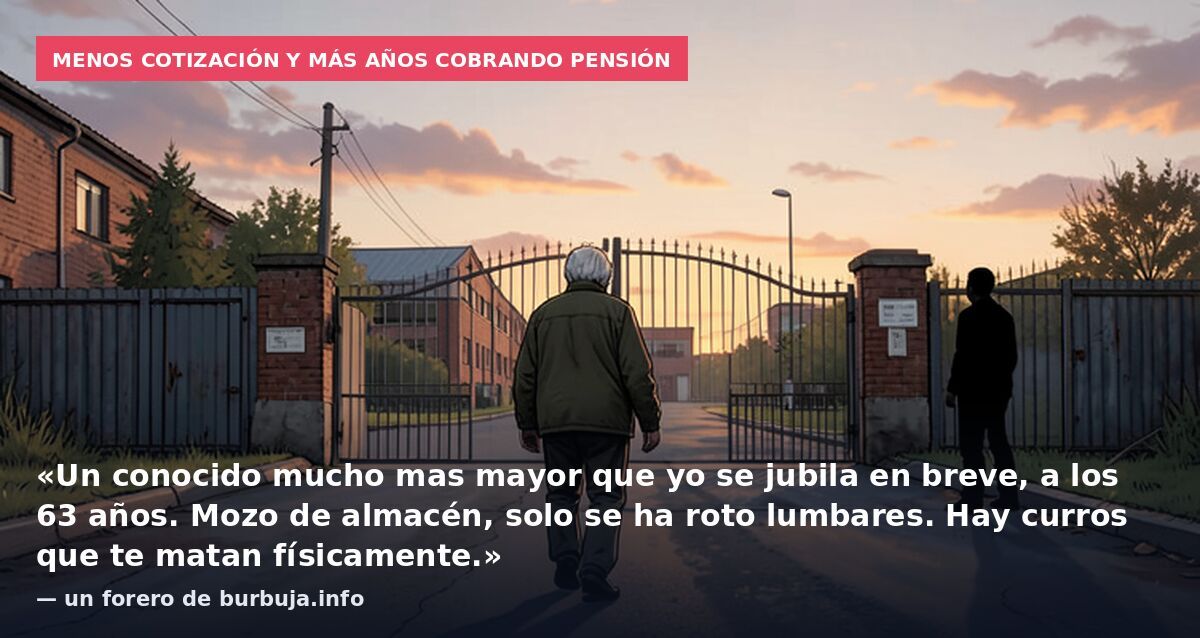 Menos cotización y más años cobrando pensión: «Un conocido mucho mas mayor que yo se jubila en breve, a los 63 años. Mozo de almacén, solo se ha roto lumbares. Hay curros que te matan físicamente.» — un forero de burbuja.info