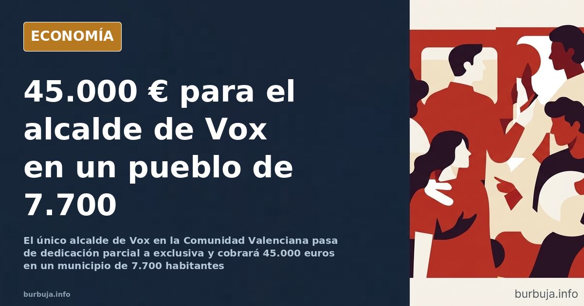 Ilustración editorial de un edificio consistorial pequeño con una balanza de sueldos públicos desequilibrada sobre fondo azul