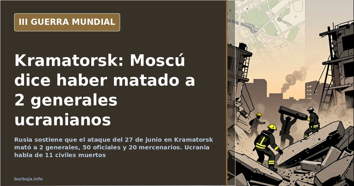 Edificio dañado en Kramatorsk tras el impacto de misiles, con escombros y equipos de emergencia en la calle