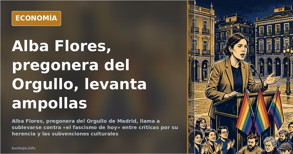 La actriz Alba Flores, pregonera del Orgullo LGTBI de Madrid, ante un atrio con banderas arcoíris