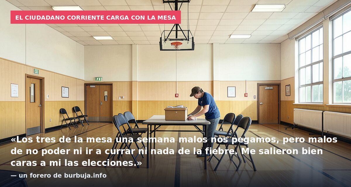 El ciudadano corriente carga con la mesa: «Los tres de la mesa una semana malos nos pegamos, pero malos de no poder ni ir a currar ni nada de la fiebre. Me salieron bien caras a mi las elecciones.» — un forero de burbuja.info