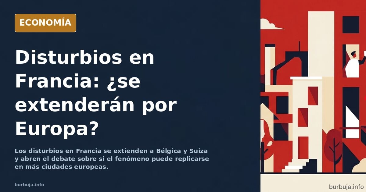 Ilustración editorial de una ciudad europea con edificios y llamas al fondo, en tonos azul marino y dorado