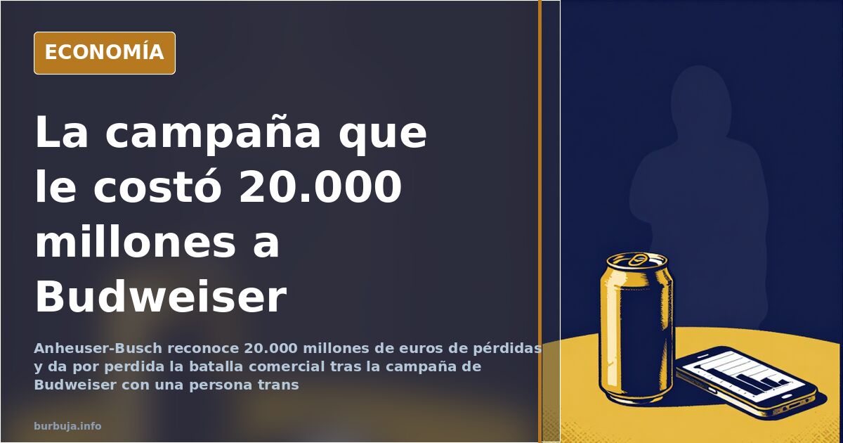Gráficos de pérdidas de Anheuser-Busch junto a una lata de cerveza y un anuncio de marketing en la pantalla de un móvil