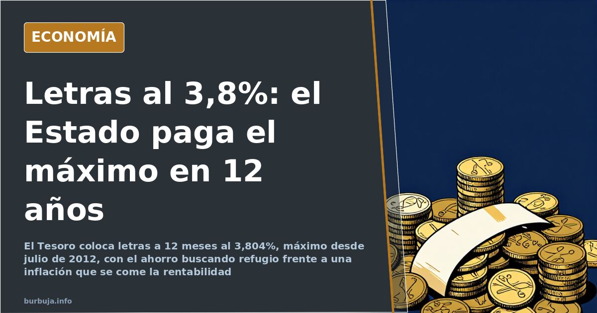 Ilustración editorial en azul marino y dorado con una pila de monedas y la cifra 3,804% de las letras del Tesoro a 12 meses