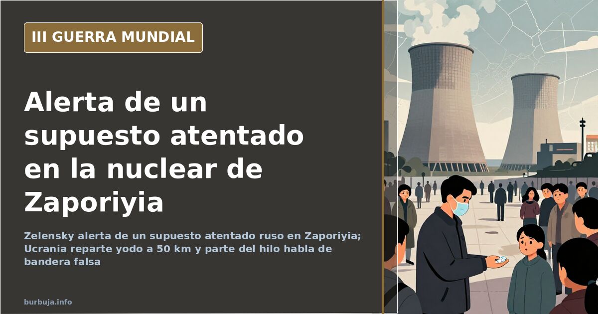 Ilustración de una central nuclear junto al mapa de Ucrania con el radio de 50 kilómetros alrededor de la planta marcado