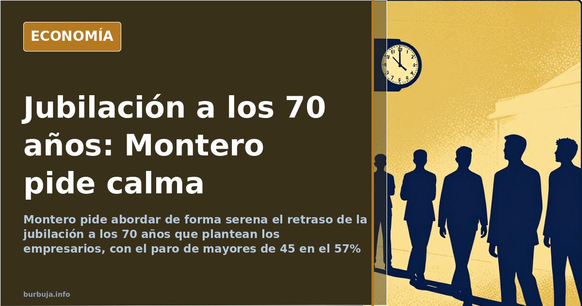 Ilustración editorial en azul marino y dorado con siluetas de trabajadores ante un reloj que marca la jubilación a los 70 año