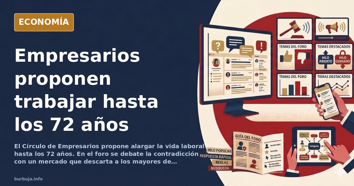 Ilustración editorial de un trabajador mayor remando en una oficina mientras el reloj marca la edad de jubilación