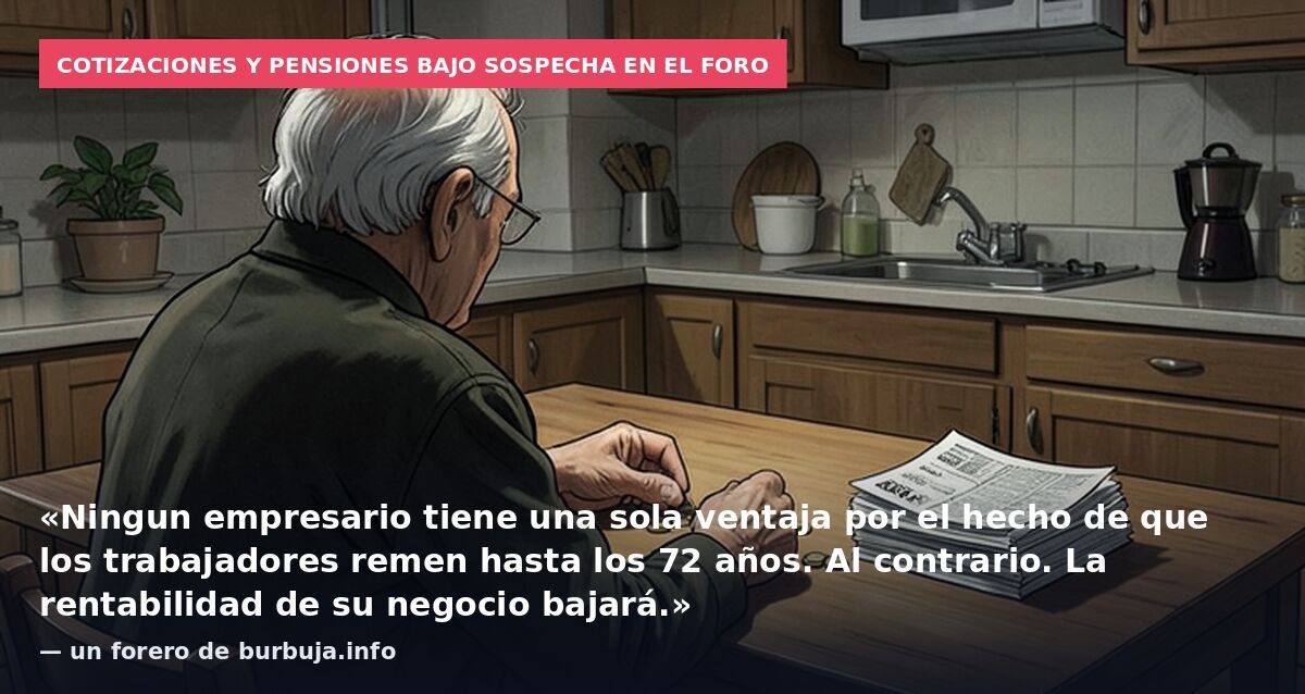 Cotizaciones y pensiones bajo sospecha en el foro: «Ningun empresario tiene una sola ventaja por el hecho de que los trabajadores remen hasta los 72 años. Al contrario. La rentabilidad de su negocio bajará.» — un forero de burbuja.info