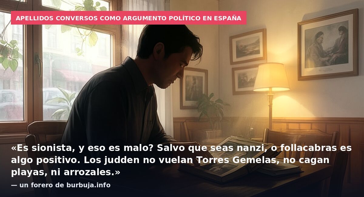 Apellidos conversos como argumento político en España: «Es sionista, y eso es malo? Salvo que seas nanzi, o follacabras es algo positivo. Los judden no vuelan Torres Gemelas, no cagan playas, ni arrozales.» — un forero de burbuja.info
