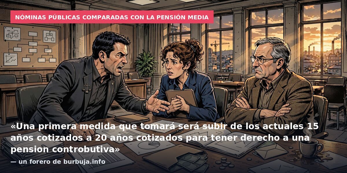 Nóminas públicas comparadas con la pensión media: «Una primera medida que tomará será subir de los actuales 15 años cotizados a 20 años cotizados para tener derecho a una pension controbutiva» — un forero de burbuja.info