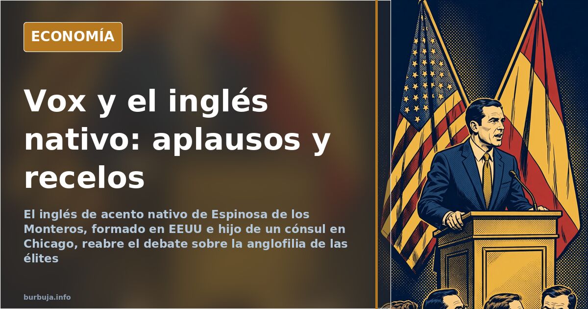Ilustración editorial de un dirigente político español hablando inglés ante un atril con banderas al fondo
