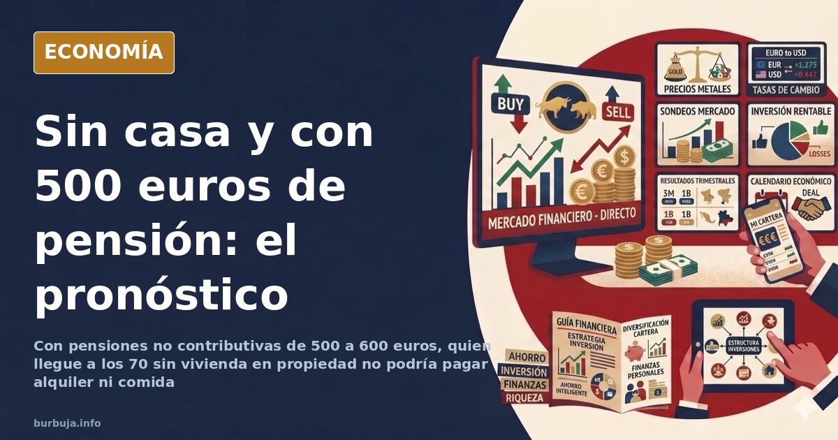 Ilustración editorial de una persona mayor ante un edificio de viviendas y una hucha vacía, símbolo de la jubilación sin casa