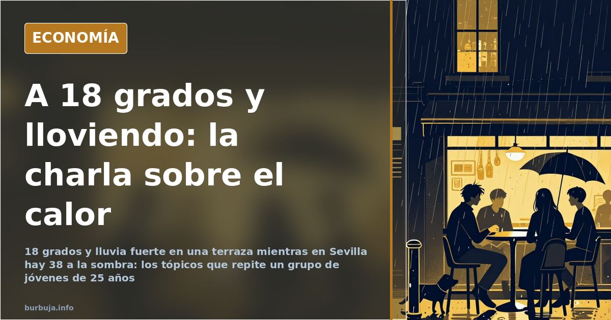 Terraza con lluvia intensa y jóvenes conversando sobre el cambio climático mientras un perro atado se moja