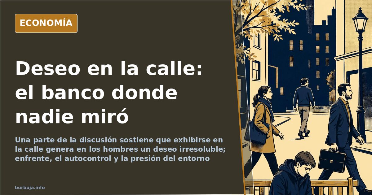 Escena de exhibición en el espacio público: mujer joven de pie ante dos hombres sentados en un banco, sin que ninguno la mire