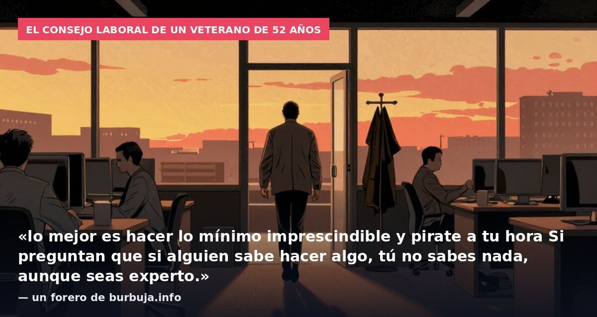 El consejo laboral de un veterano de 52 años: «lo mejor es hacer lo mínimo imprescindible y pirate a tu hora Si preguntan que si alguien sabe hacer algo, tú no sabes nada, aunque seas experto.» — un forero de burbuja.info