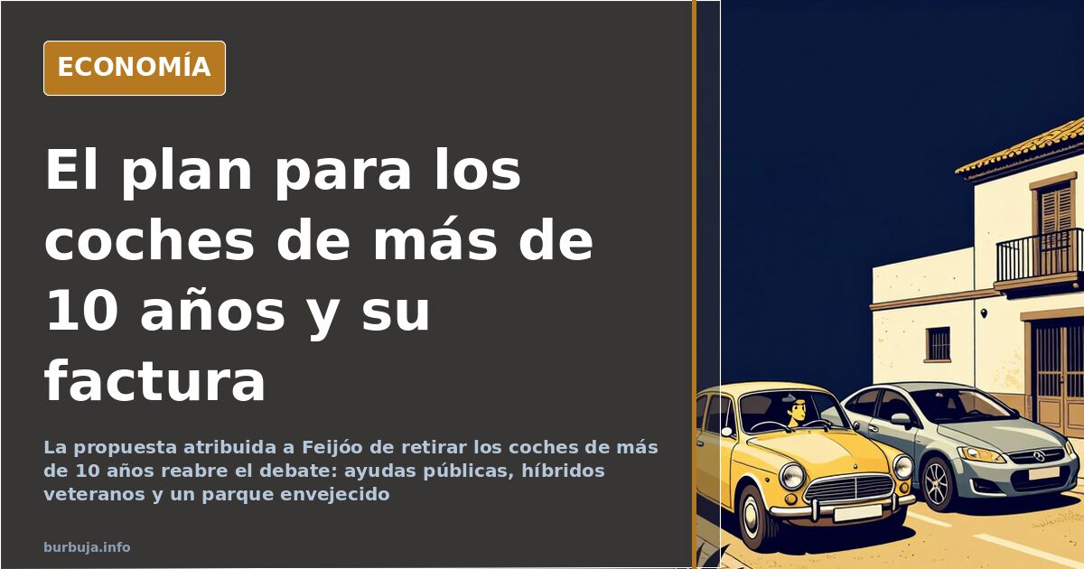 Filas de coches aparcados con un híbrido de etiqueta ECO y más de diez años en primer plano, en el centro del debate sobre su