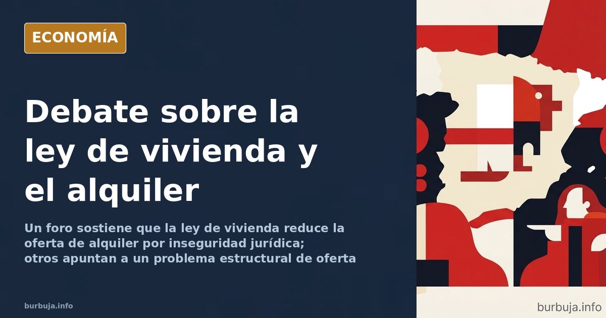 Ilustración editorial de un edificio de viviendas con carteles de se alquila retirados y llaves colgadas, reflejando la caída