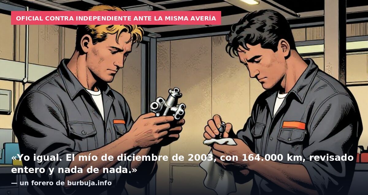 Oficial contra independiente ante la misma avería: «Yo igual. El mío de diciembre de 2003, con 164.000 km, revisado entero y nada de nada.» — un forero de burbuja.info